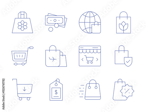 Shopping icons. Thin Line style, editable stroke. globe, online, bag, cart, cash, price tag, duty free