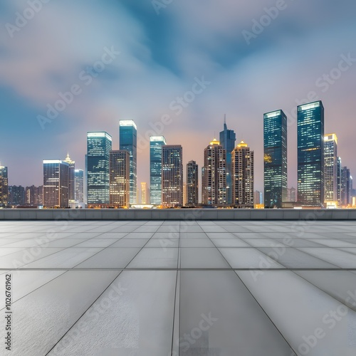 Modern city skyline at sunset with skyscrapers reflecting golden sunlight, spacious tiled floor, and metal railing in the foreground, perfect for urban lifestyle, travel, and architecture content.