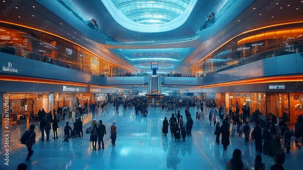 A bustling crowd navigates the expansive, futuristic interior of a modern airport terminal, HD high quality.