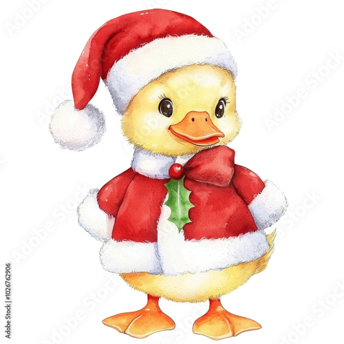 A charming duck in a Santa hat and red coat, perfect for holiday themes. This festive illustration captures the joy and playfulness of the season.