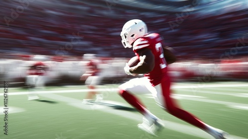 Dynamic American Football Action Shot with Player Sprinting Down Sideline Among Defenders and Excited Crowd, Enhanced by Ultra-Detailed, Cinematic Light