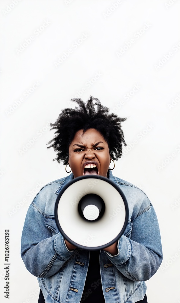 Angry Black woman shouting into megaphone on white background Angry Black woman shouting into megaphone on white background