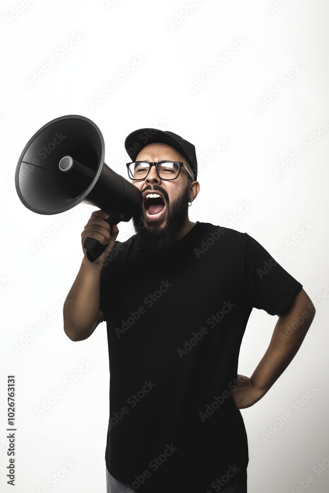 Angry man shouting into a megaphone on white background Angry man shouting into a megaphone on white background