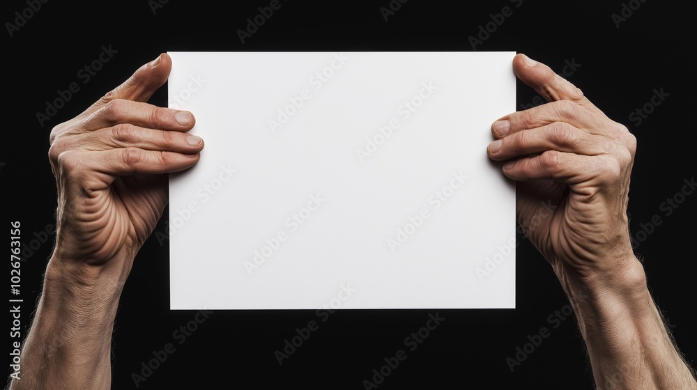Two hands holding a blank white card on black background Two hands holding a blank white card on black background