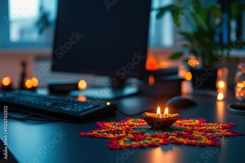close-up of a neatly arranged desk in a corporate office, glowing Diwali candles and intricate rangoli designs surrounding a computer and files