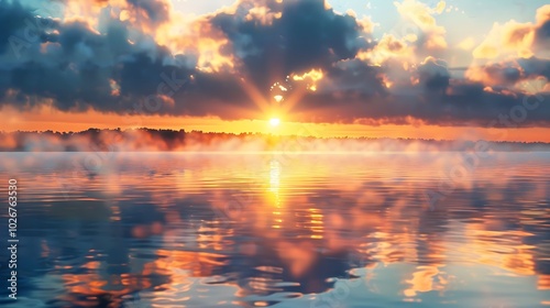 Detailed view of sunrise shining on a lake shouts from above