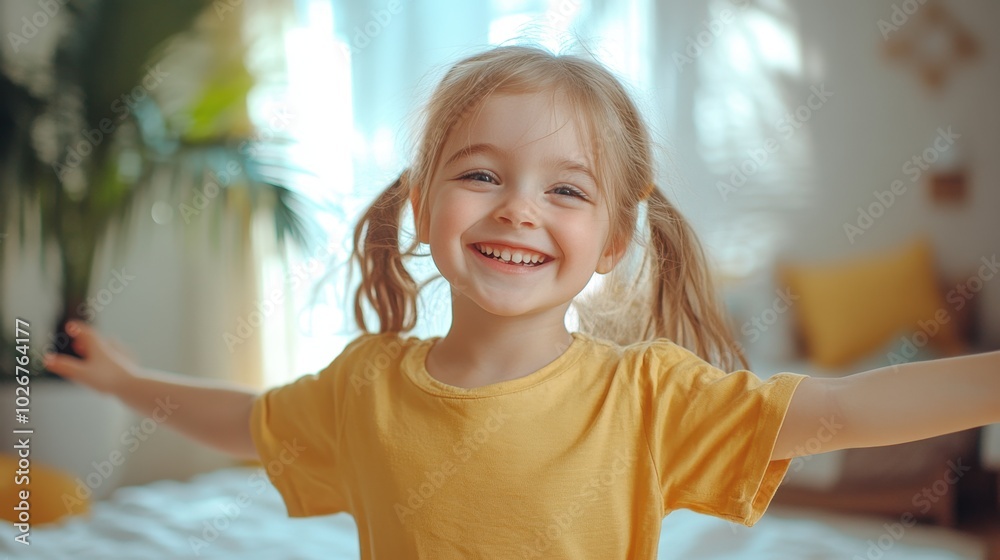 Happy young girl dancing joyfully in her bright bedroom at home, minimal background focusing on her playful movement. Happy young girl dancing joyfully in her bright bedroom at home, minimal background focusing on her playful movement.