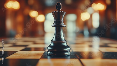 intimate close up of a chess set standing on the wooden surface, emphasizing the elaborate features of the queen, figure