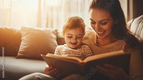 a mother reading a book with her child on the sofa, both smiling, soft lighting from a nearby window, cozy indoor setting, close up shot