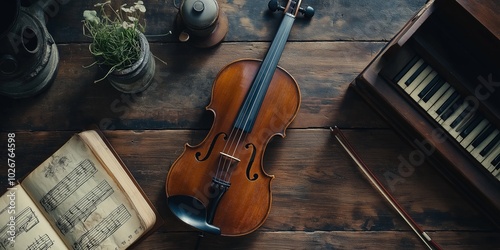 A rustic arrangement featuring a violin, sheet music, and vintage decor elements on a wooden surface.