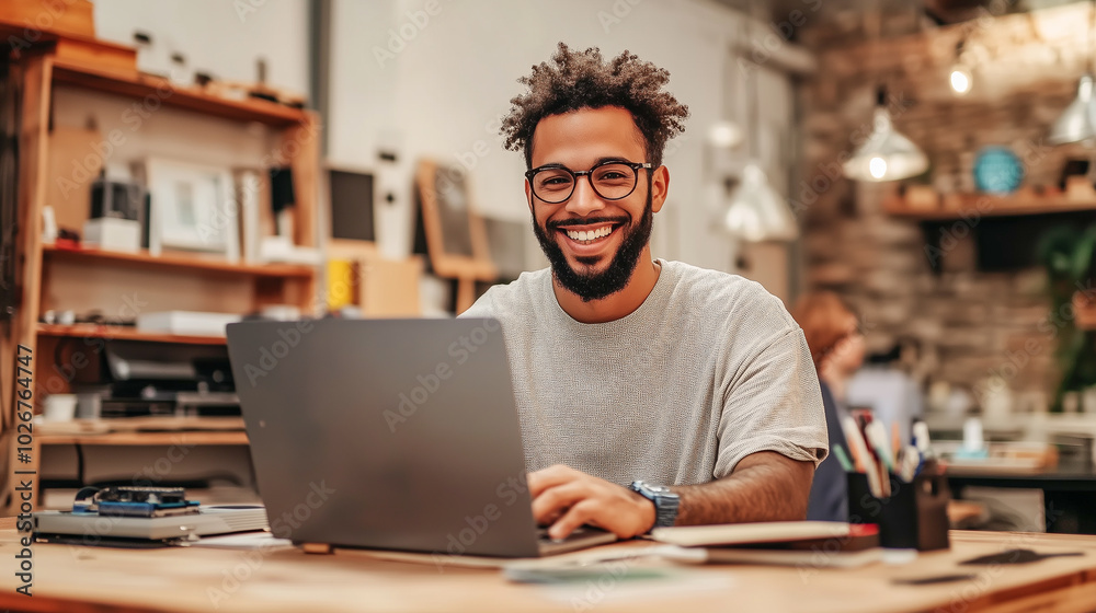 Young man with glasses working on laptop in creative workspace, embodying productivity Young man with glasses working on laptop in creative workspace, embodying productivity