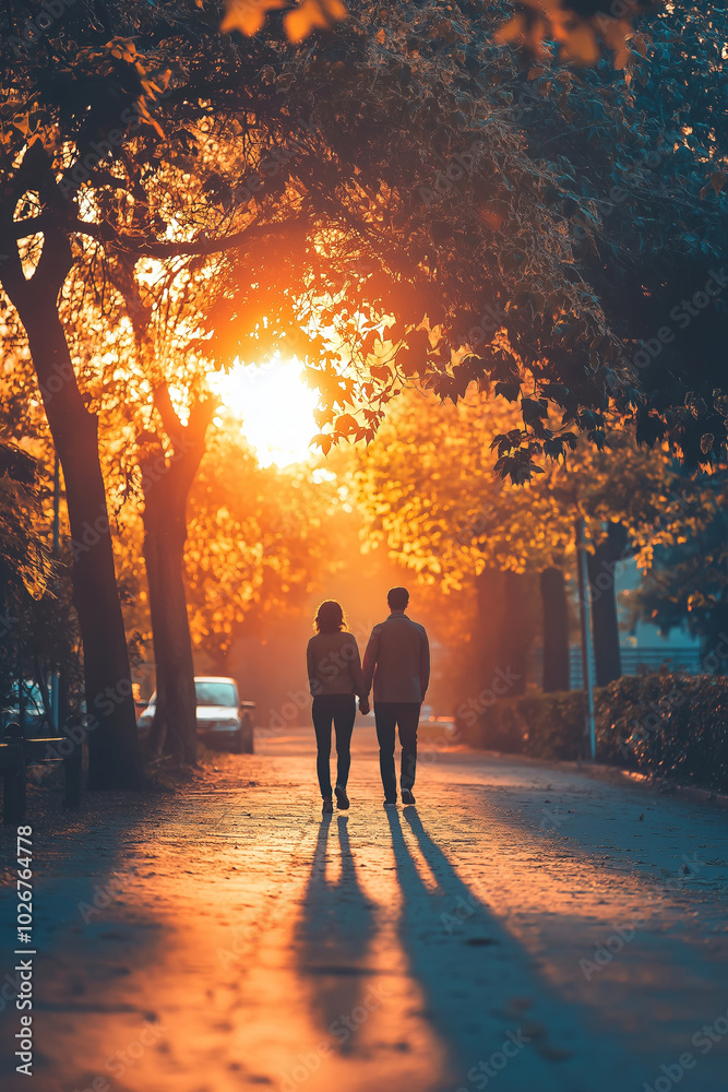 A couple walks under golden foliage creating a silhouette against a vibrant sunset on a tree-lined path. A couple walks under golden foliage creating a silhouette against a vibrant sunset on a tree-lined path.