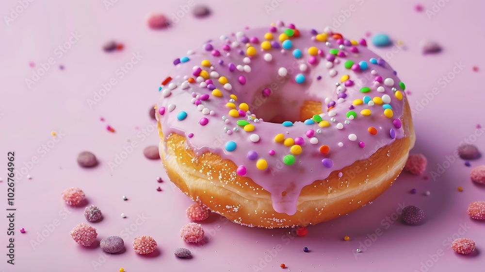 Doughnut on a purple backdrop with colorful toppings and purple frosting Doughnut on a purple backdrop with colorful toppings and purple frosting