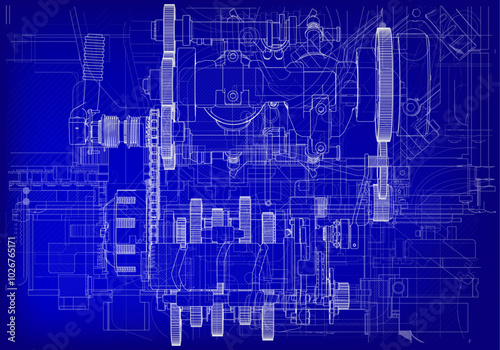 Two-cylinder engine on a blue background. Mechanical engineering.