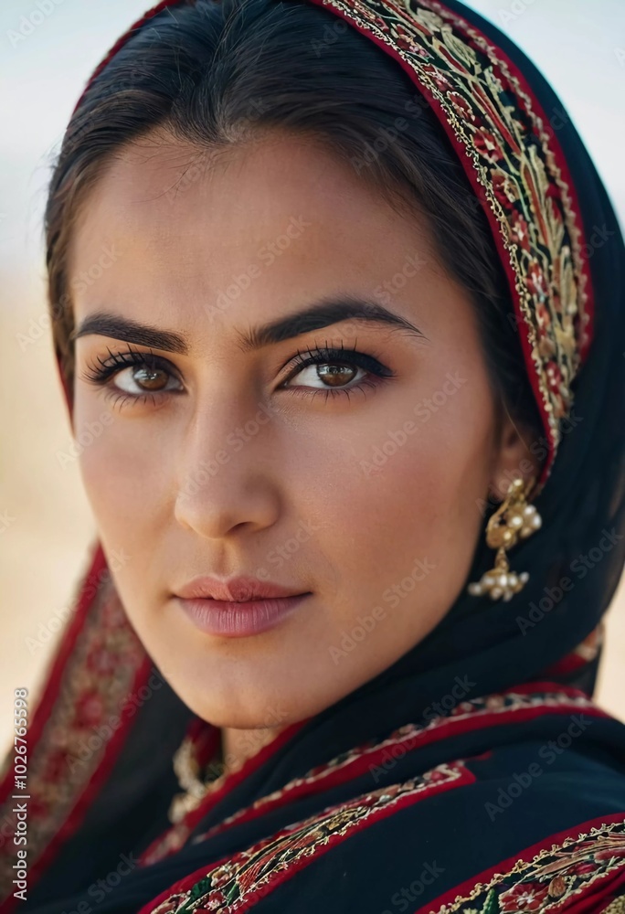 A Tajik woman 30 years old stands gracefully, showcasing her traditional attire, reflecting her cultural roots. Beautiful brunette woman with jewelry, wearing a headscarf. Generated by AI A Tajik woman 30 years old stands gracefully, showcasing her traditional attire, reflecting her cultural roots. Beautiful brunette woman with jewelry, wearing a headscarf. Generated by AI