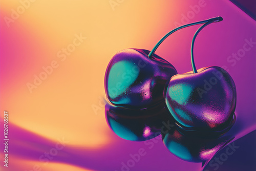 Vibrant neon cherries capture the essence of temptation and allure through a biblical lens in an abstract setting