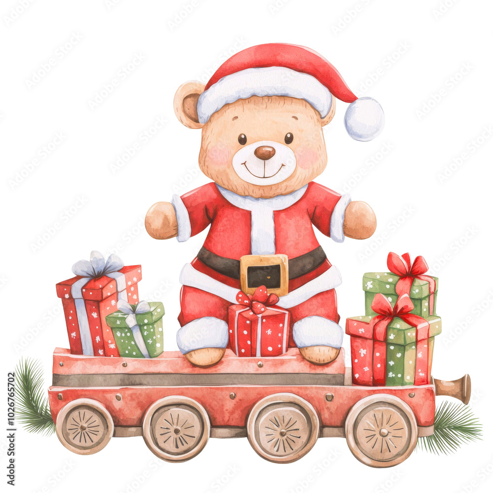A charming illustration of a teddy bear dressed as Santa, joyfully riding a toy train filled with colorful Christmas gifts. Perfect for holiday projects. A charming illustration of a teddy bear dressed as Santa, joyfully riding a toy train filled with colorful Christmas gifts. Perfect for holiday projects.