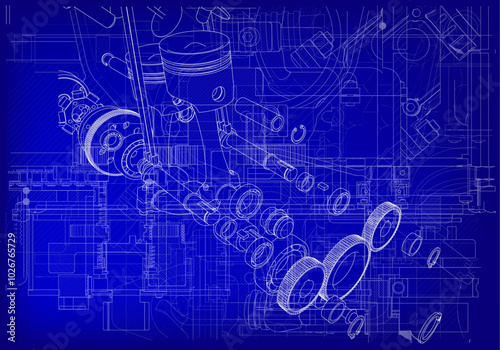 Two-cylinder engine on a blue background. Mechanical engineering.