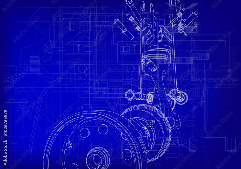 Obraz premium Two-cylinder engine on a blue background.
