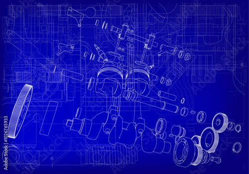Two-cylinder engine on a blue background.
