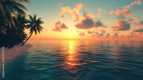 Colorful sunset over ocean on Maldives. Serene Tropical Sunset Over Tranquil Ocean Waters. Idyllic sunset scene on a tropical beach with palm trees and calm ocean. 