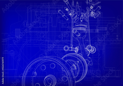Two-cylinder engine on a blue background.