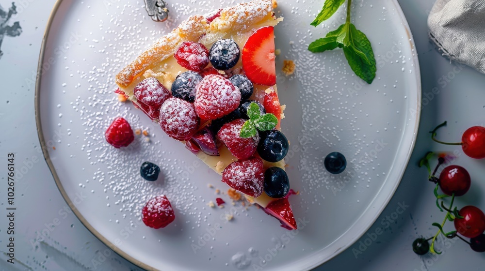 Fruit Cake Slice with Fresh Berries and Powdered Sugar Fruit Cake Slice with Fresh Berries and Powdered Sugar