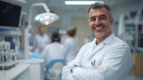 Smiling dental doctor working in a modern clinic, offering professional care in a clean and hygienic environment. People photography with ultra high definition clarity, capturing the friendly