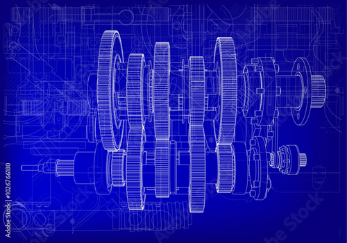 Motorcycle gearbox on blue background.