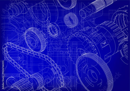Two-cylinder engine on a blue background.