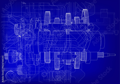 Motorcycle gearbox on blue background.
