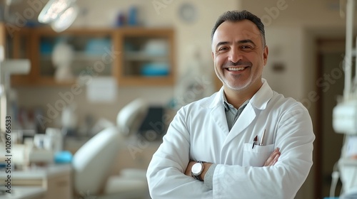 Smiling dental doctor working in a modern clinic, offering professional care in a clean and hygienic environment. People photography with ultra high definition clarity, capturing the friendly