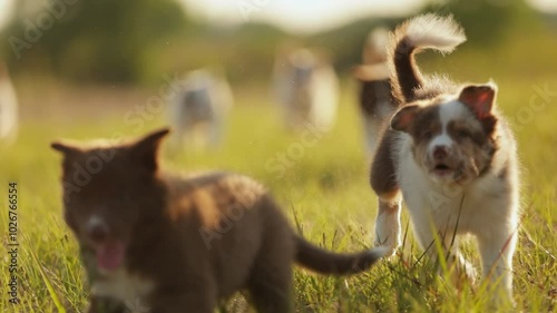 Many chocolate-colored and merle-colored border collie puppies run to in camera across the grass in the rays of the setting sun. Slow motion puppy dog play