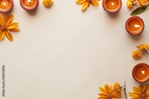 Diwali, Oil lamps lite on light background with a text space