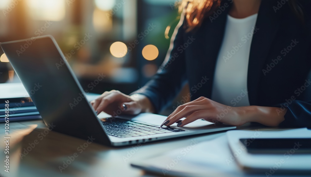 Business Woman Typing On Laptop And Tablet, Internet Searching And Surfing On Office Desk. Work Concept With Online Telecommuting And Freelancing. Business Woman Typing On Laptop And Tablet, Internet Searching And Surfing On Office Desk. Work Concept With Online Telecommuting And Freelancing.