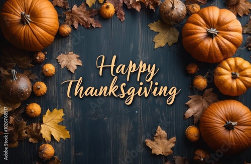 Happy Thanksgiving on Dark Wood Background with Pumpkins and Leaves