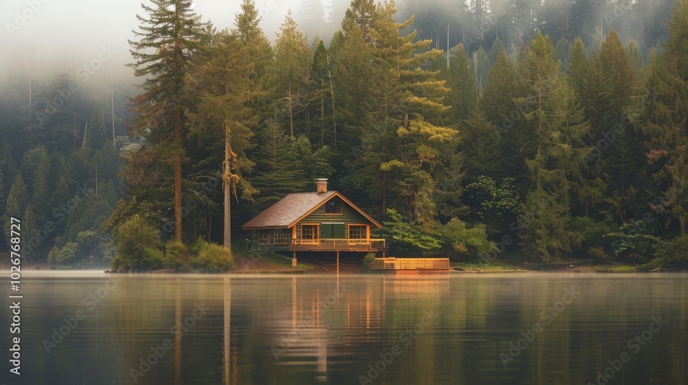 A cozy cabin sits nestled amidst tall trees on the edge of a serene lake, with fog creating a mystical atmosphere. A cozy cabin sits nestled amidst tall trees on the edge of a serene lake, with fog creating a mystical atmosphere.