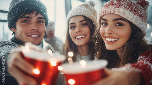 Brindis en Navidad para las fotografías en las fiestas navideñas, chicas, disfrutando y brindando en de fiesta.

 photo