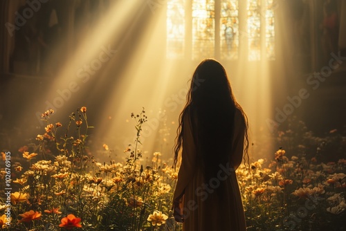 A serene garden at dawn, where Mary Magdalene encounters the risen Christ among blooming flowers and glowing sunlight