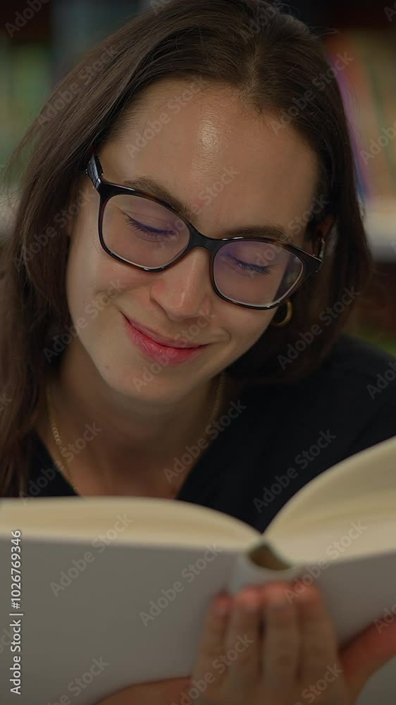 A woman deeply engrossed in reading a book while sitting quietly in a library setting A woman deeply engrossed in reading a book while sitting quietly in a library setting