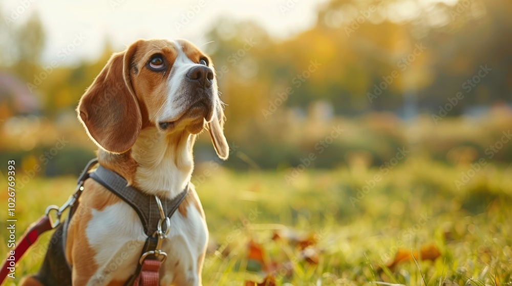 A beagle dog with a curious expression looks up in a field of grass. The dog is wearing a harness and leash. A beagle dog with a curious expression looks up in a field of grass. The dog is wearing a harness and leash.