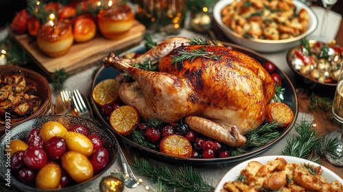 Portentosa cena, navideña en familia, concepto de fiestas de fin de año, y Reyes Magos. Cena con pavo, a las luces de la vela y toda la familia, sonriendo, bebidas, vino y el árbol de Navidad, que sie
