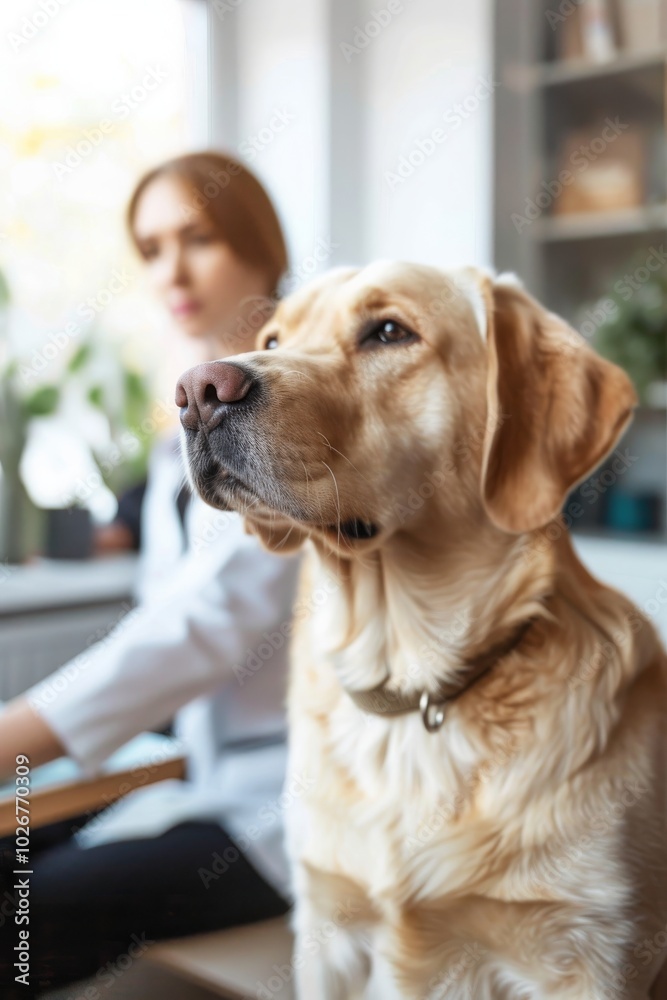 A veterinarian looks on as a golden retriever sits patiently during an exam. A veterinarian looks on as a golden retriever sits patiently during an exam.