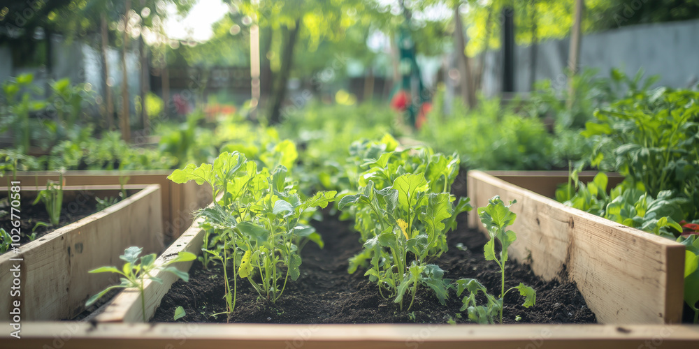 Green plants in wooden garden beds under dappled sunlight in lush backyard. Green plants in wooden garden beds under dappled sunlight in lush backyard.