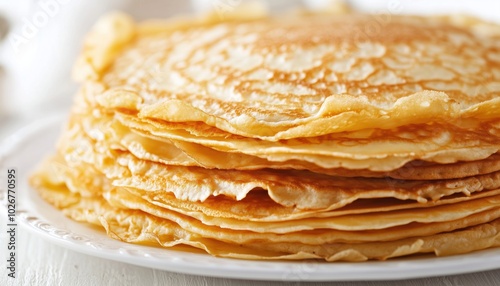 Stack Of Fluffy Pancakes Neatly Arranged On A Clean White Plate. The File Includes A Clipping Path For Easy Editing. Delicious Breakfast Option.