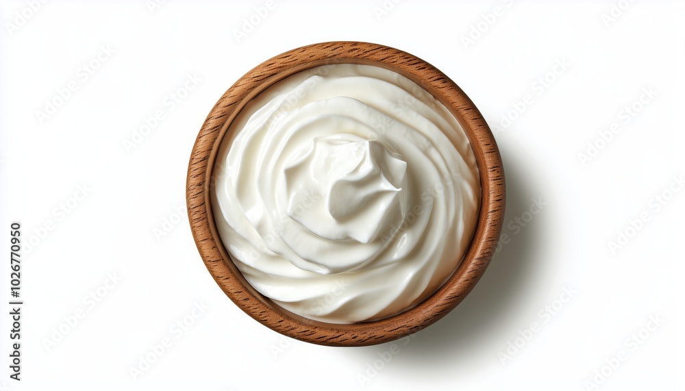 Top View Of Sour Cream In A Wooden Bowl, Isolated On White Background: A Delightful Dairy Product Displayed Creatively. Top View Of Sour Cream In A Wooden Bowl, Isolated On White Background: A Delightful Dairy Product Displayed Creatively.