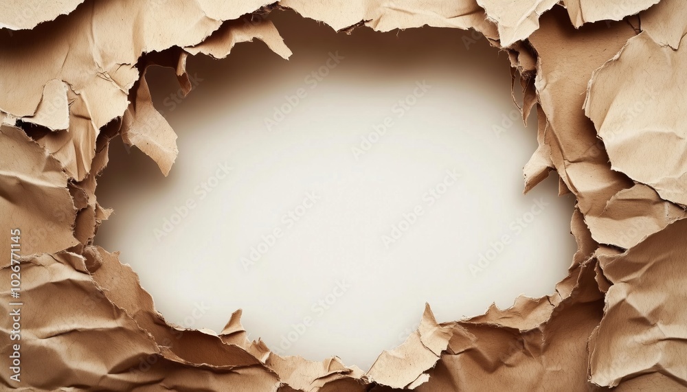 Realistic Brown Torn Paper Craft With Ripped Edge Scraps For Center Scrapbooking With Space For Copy Text On White Background. Realistic Brown Torn Paper Craft With Ripped Edge Scraps For Center Scrapbooking With Space For Copy Text On White Background.