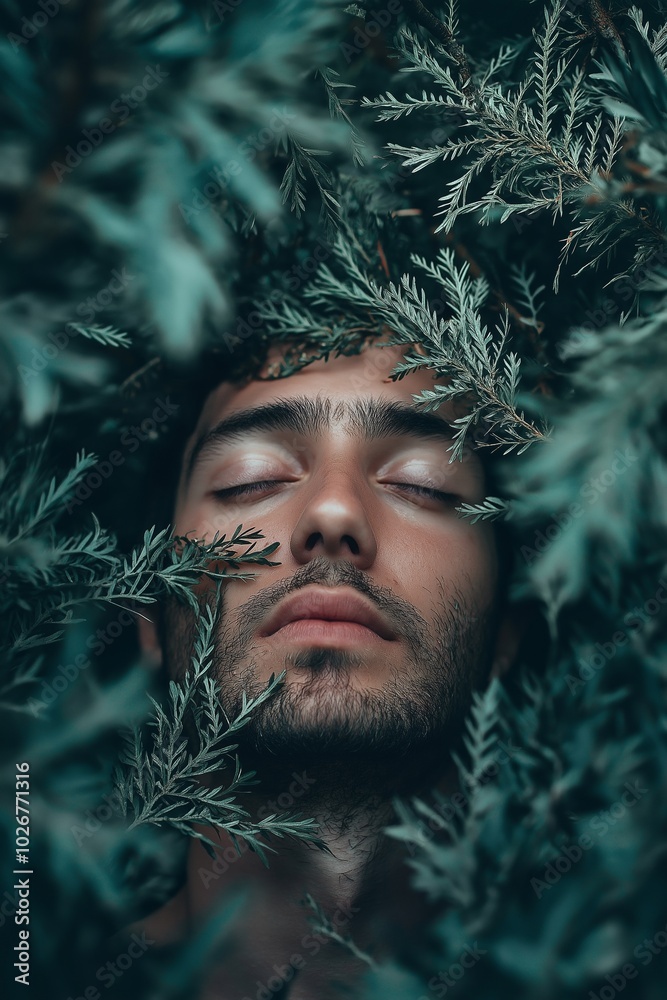 A peaceful face with closed eyes surrounded by green foliage portraying tranquility.