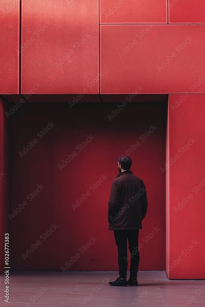 A solitary figure in dark clothing stands against a massive red wall, highlighting stark modern architectural design. A solitary figure in dark clothing stands against a massive red wall, highlighting stark modern architectural design.
