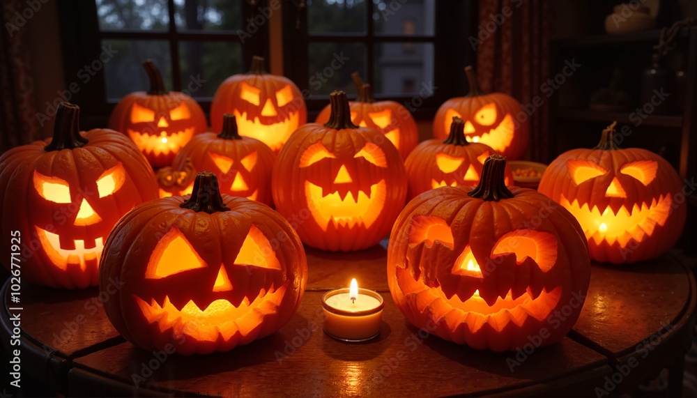 Obraz premium Seamless background: jack-o'-lanterns in various expressions